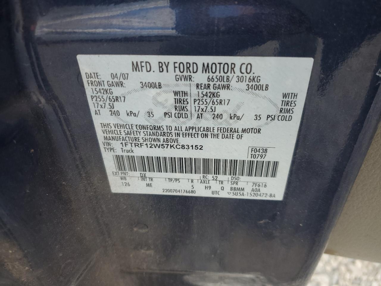 2007 Ford F150 VIN: 1FTRF12W57KC83152 Lot: 83871505