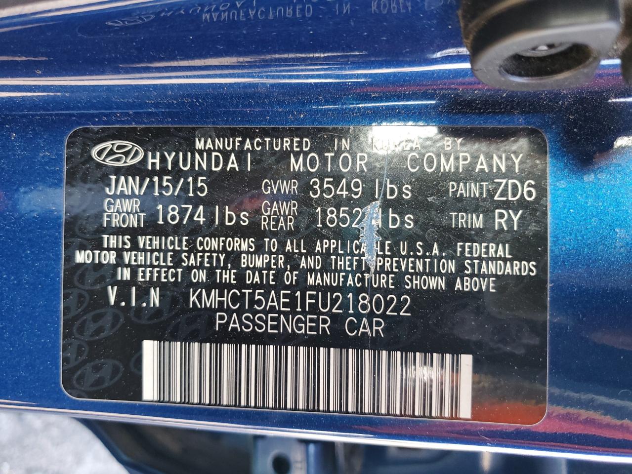 2015 Hyundai Accent Gs VIN: KMHCT5AE1FU218022 Lot: 78060364