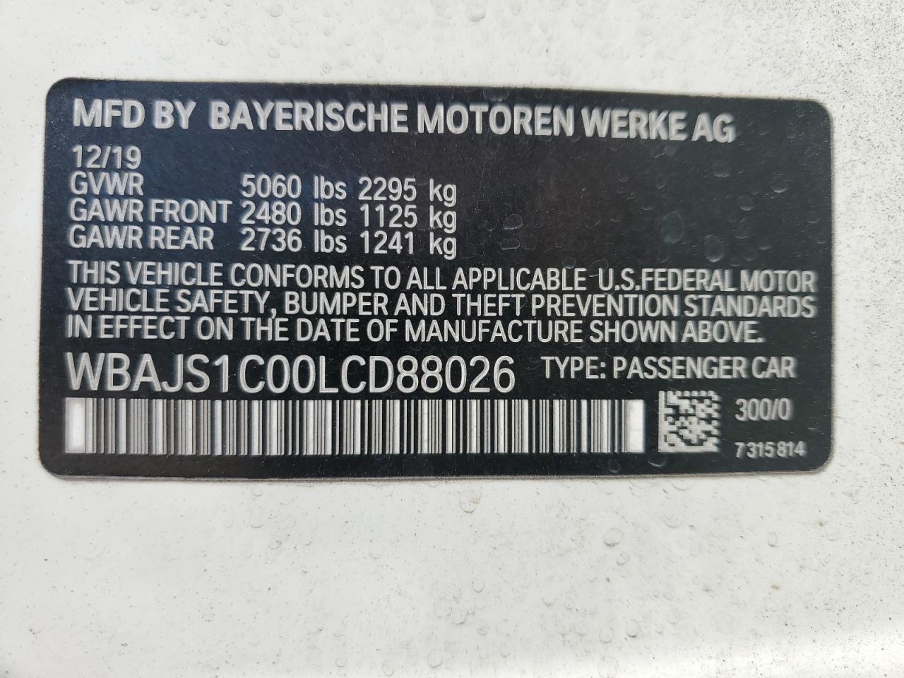 2020 BMW 540 I VIN: WBAJS1C00LCD88026 Lot: 78442804