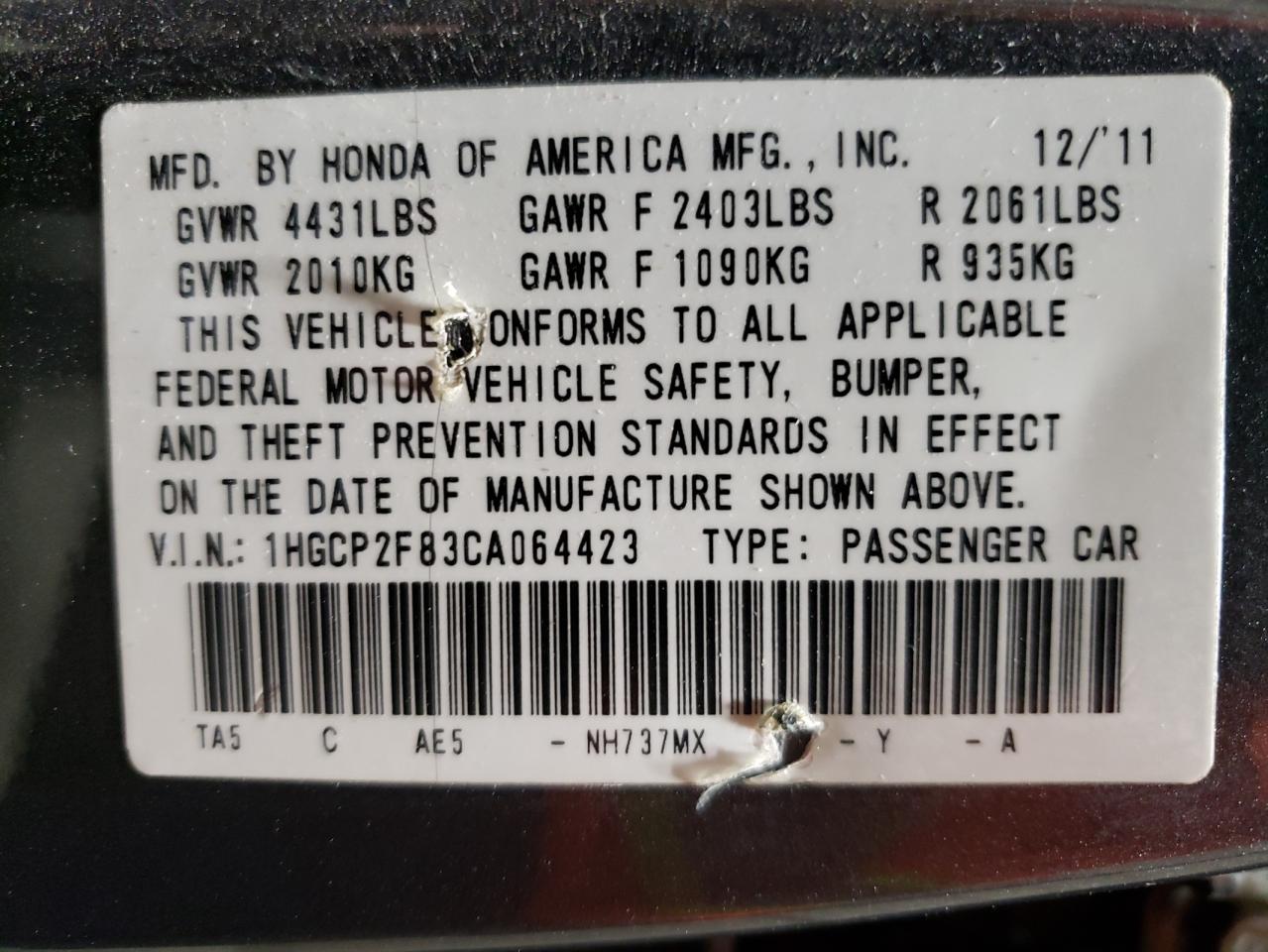 1HGCP2F83CA064423 2012 Honda Accord Exl