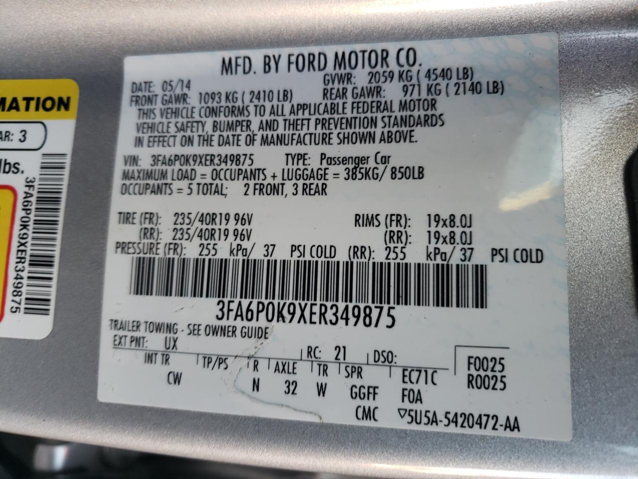 3FA6P0K9XER349875 2014 Ford Fusion Titanium