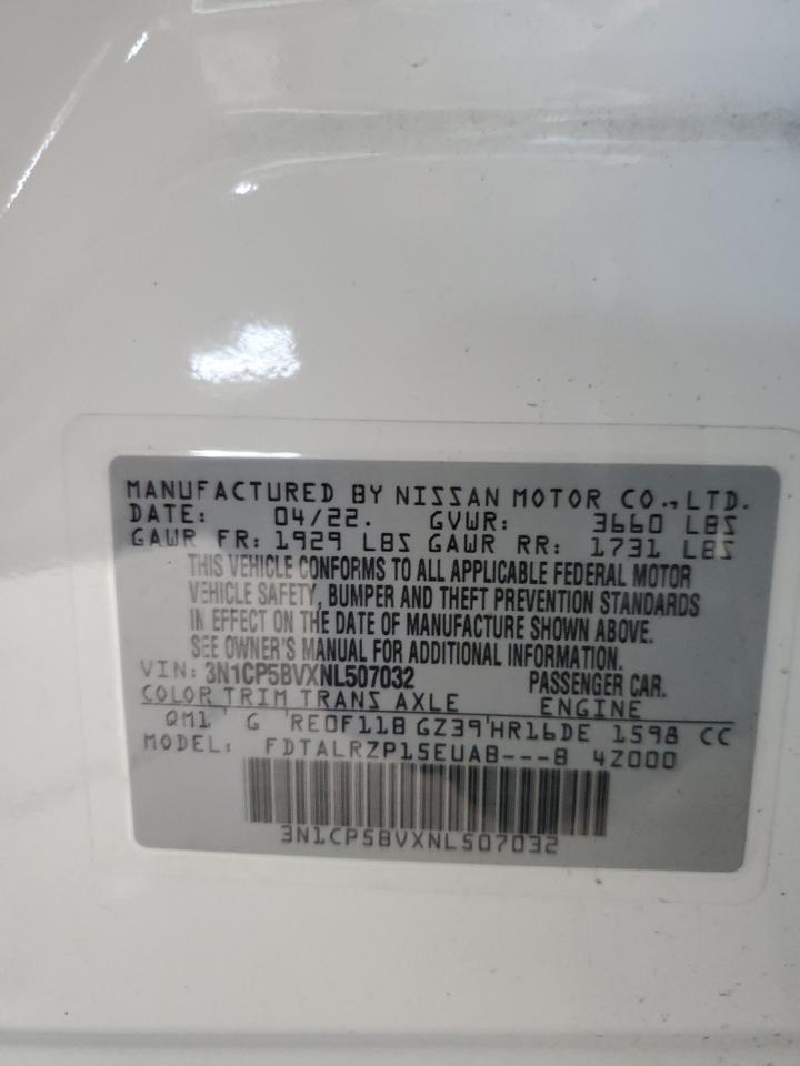 2022 Nissan Kicks S VIN: 3N1CP5BVXNL507032 Lot: 74035564