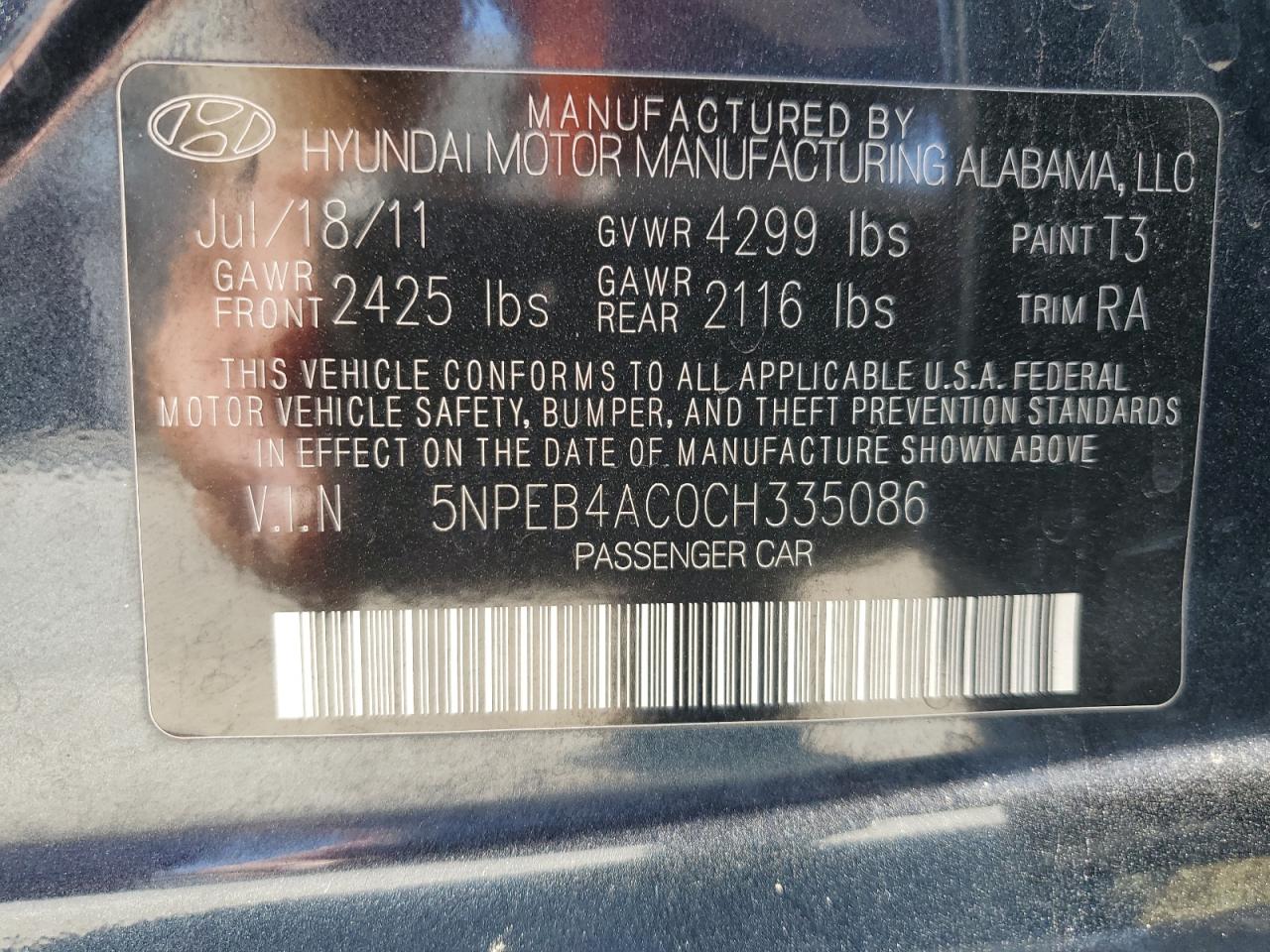 5NPEB4AC0CH335086 2012 Hyundai Sonata Gls