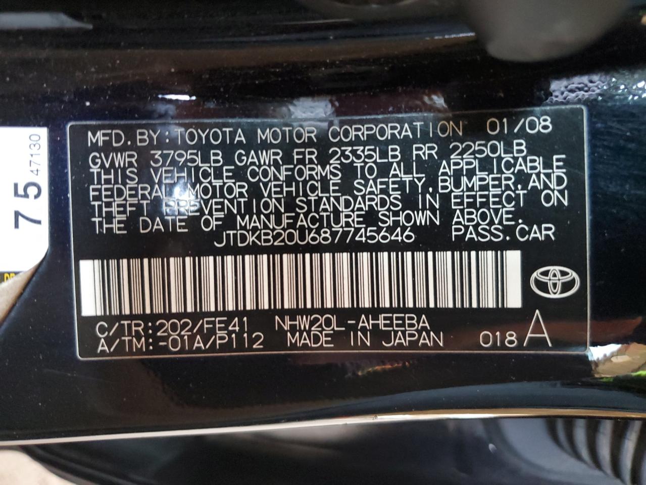 JTDKB20U687745646 2008 Toyota Prius