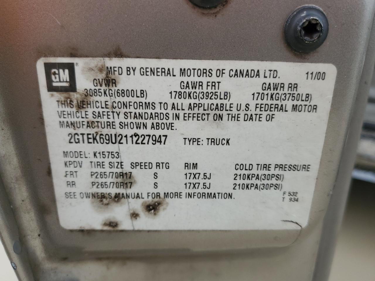 2GTEK69U211227947 2001 GMC Sierra K1500 C3