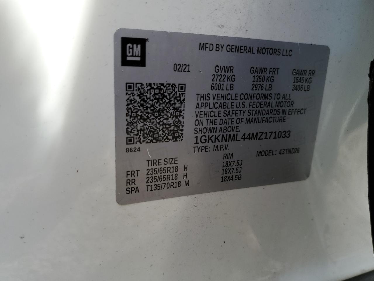 1GKKNML44MZ171033 2021 GMC Acadia Slt