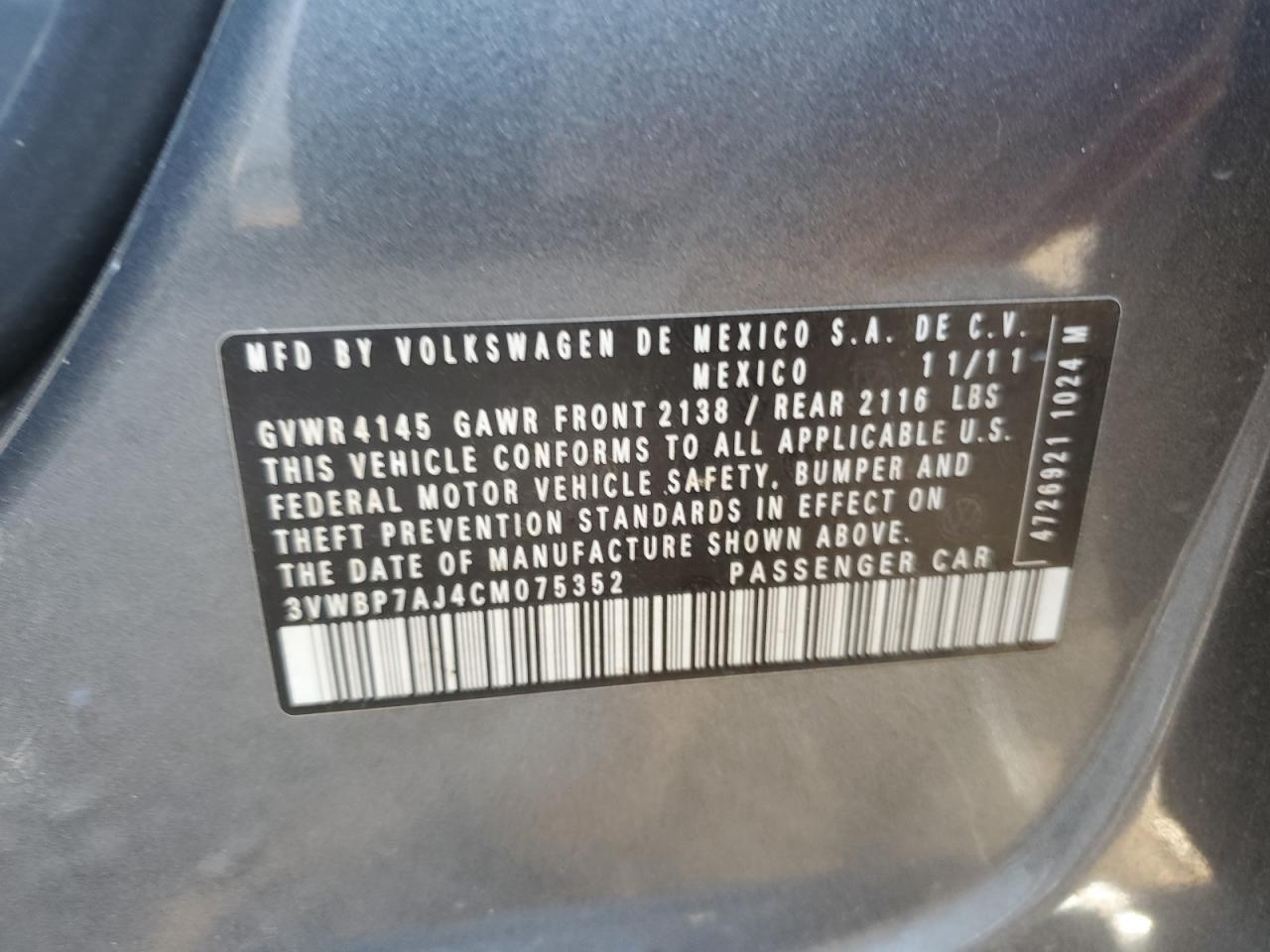 2012 Volkswagen Jetta Se VIN: 3VWBP7AJ4CM075352 Lot: 74907244