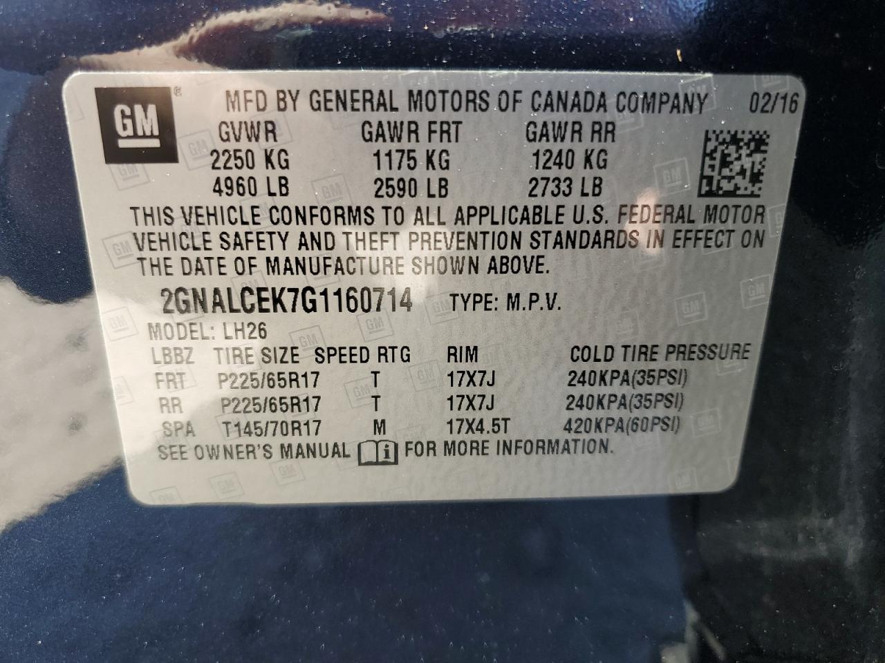 2GNALCEK7G1160714 2016 Chevrolet Equinox Lt