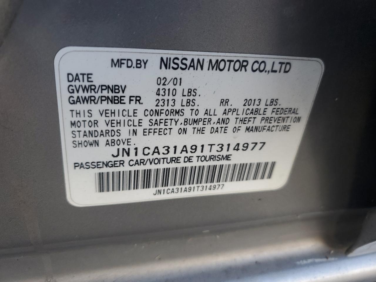 JN1CA31A91T314977 2001 Nissan Maxima Gxe