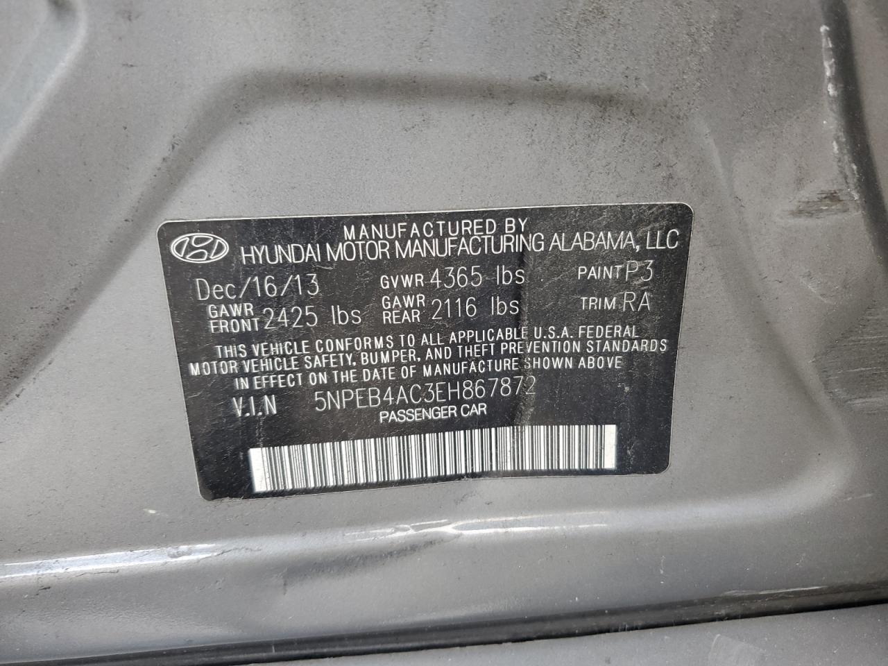 5NPEB4AC3EH867872 2014 Hyundai Sonata Gls