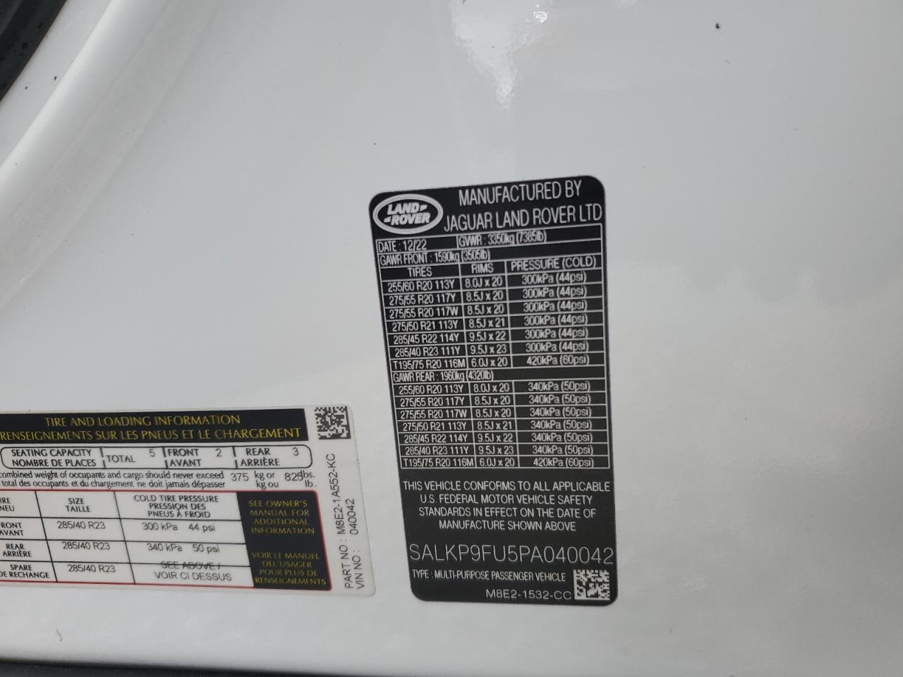 2023 Land Rover Range Rover Se VIN: SALKP9FU5PA040042 Lot: 75801594