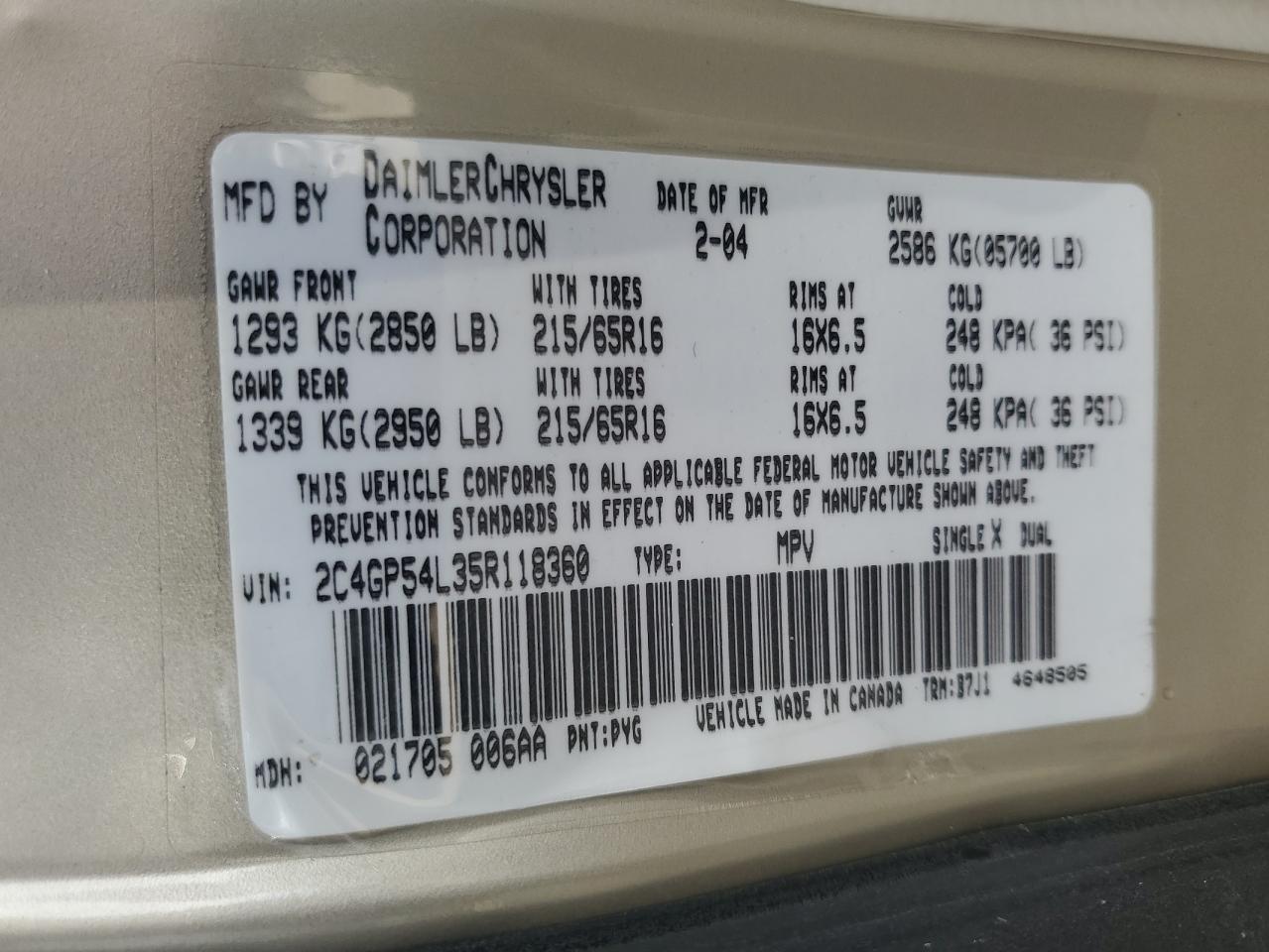 2005 Chrysler Town & Country Touring VIN: 2C4GP54L35R118360 Lot: 74361154