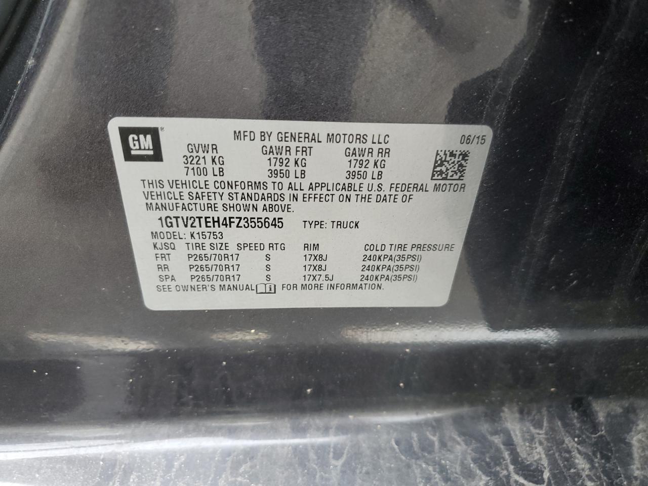 1GTV2TEH4FZ355645 2015 GMC Sierra K1500