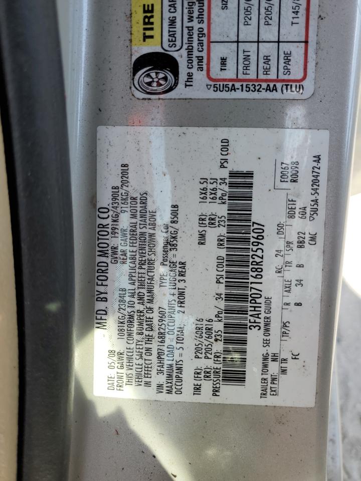 2008 Ford Fusion Se VIN: 3FAHP07168R259607 Lot: 74847004
