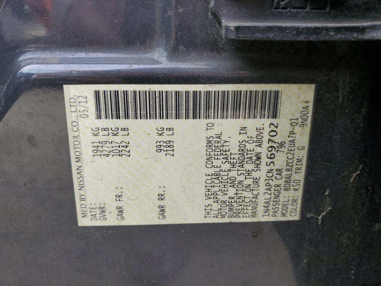 1N4AL2AP3CN569702 2012 Nissan Altima Base