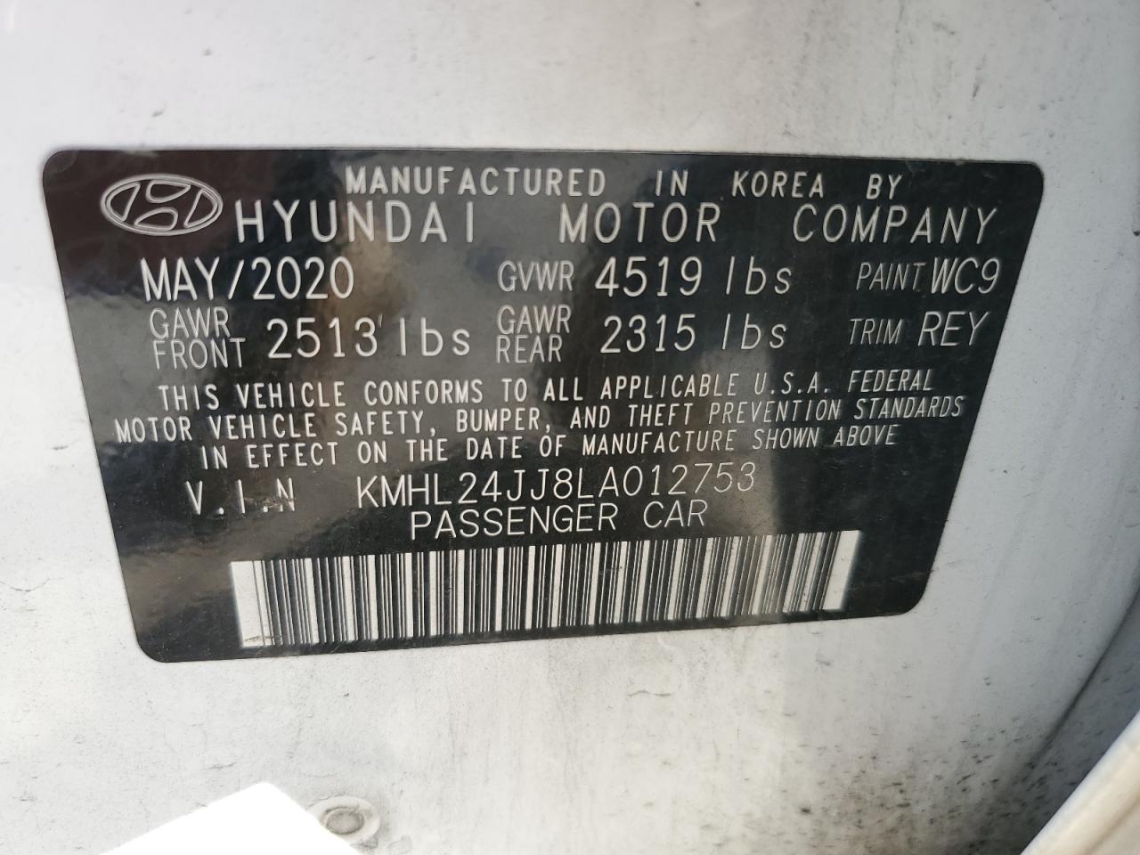 2020 Hyundai Sonata Hybrid VIN: KMHL24JJ8LA012753 Lot: 73785084