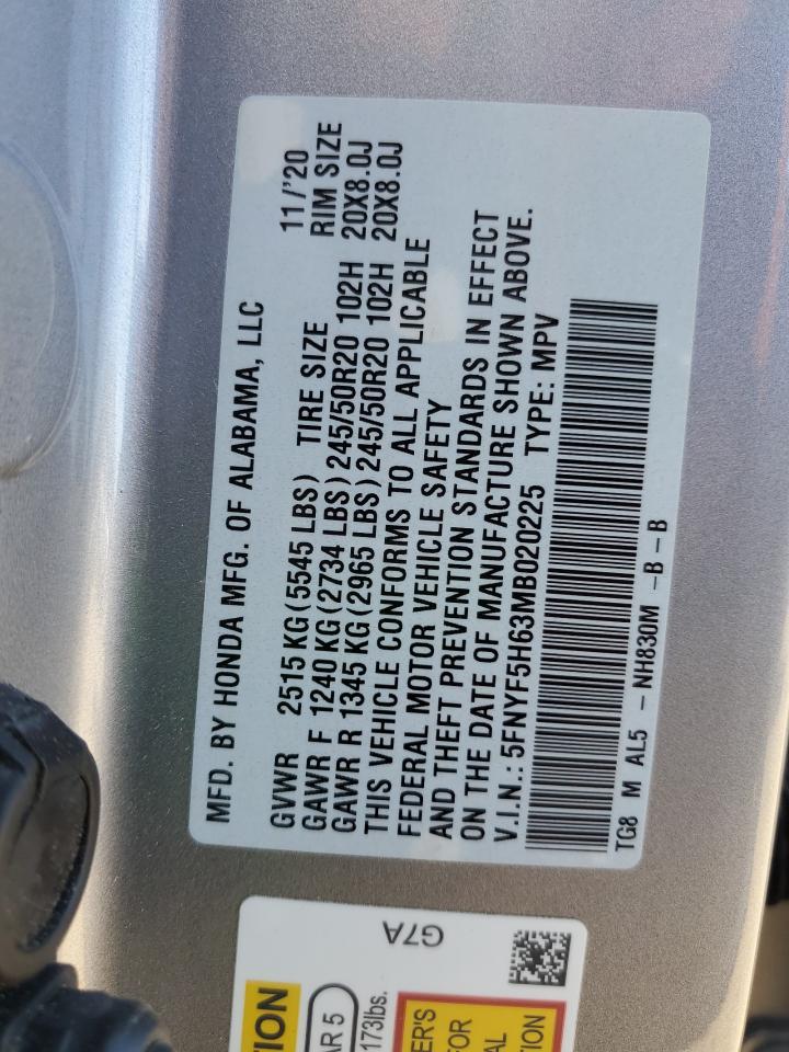 5FNYF5H63MB020225 2021 Honda Pilot Touring