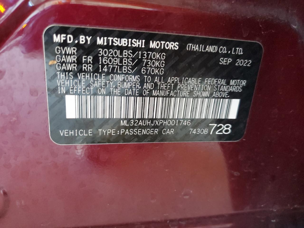 2023 Mitsubishi Mirage Es VIN: ML32AUHJXPH001746 Lot: 77776294