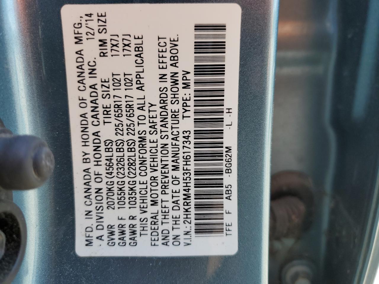 2HKRM4H53FH617343 2015 Honda Cr-V Ex