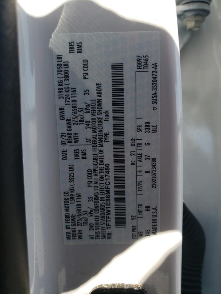 2021 Ford F150 Supercrew VIN: 1FTFW1E86MFC17486 Lot: 75059104