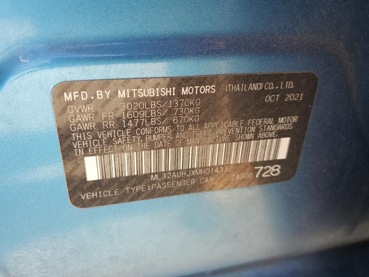 2021 Mitsubishi Mirage Es VIN: ML32AUHJXMH014332 Lot: 74612564