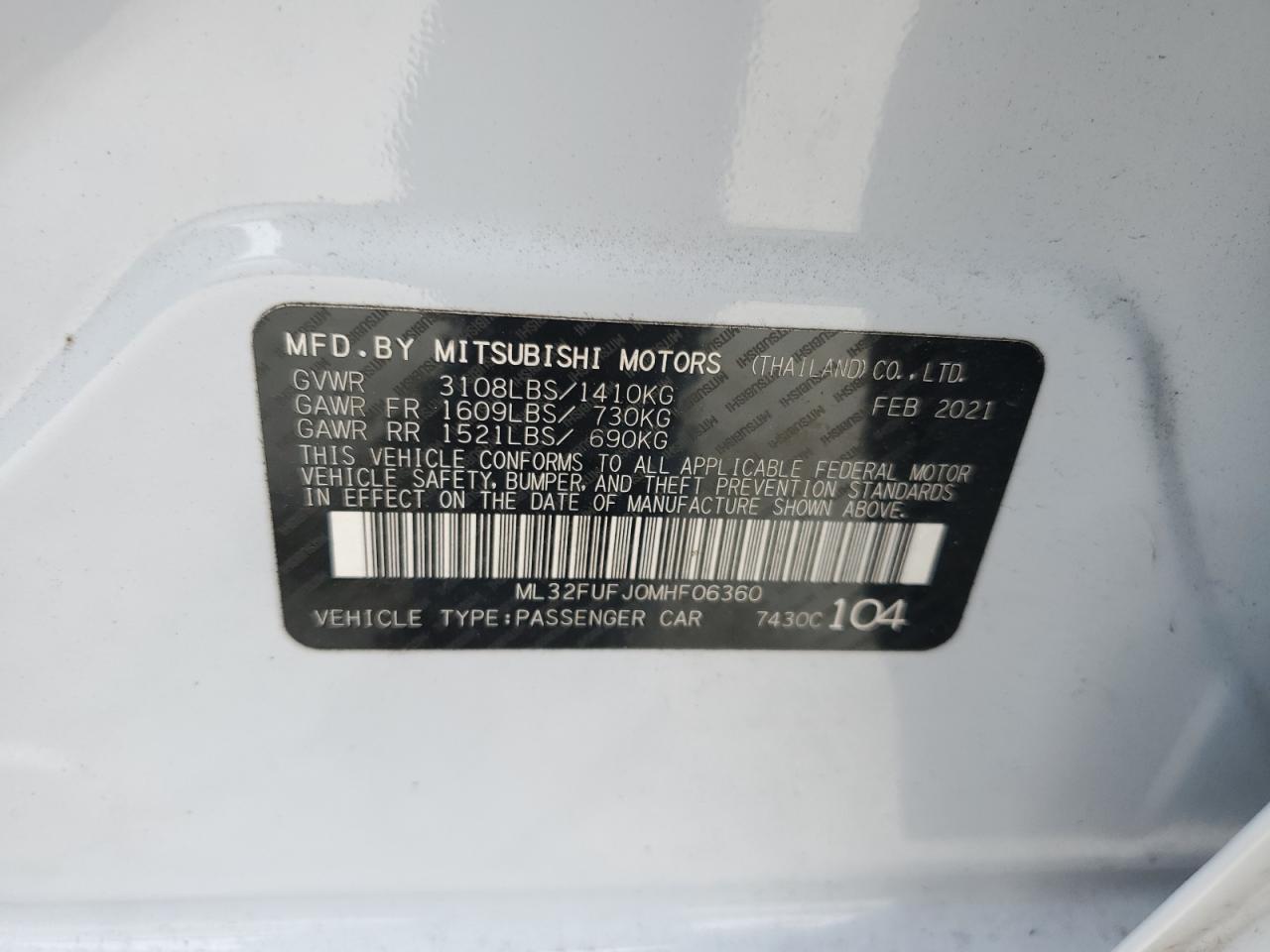 2021 Mitsubishi Mirage G4 Es VIN: ML32FUFJ0MHF06360 Lot: 76493374