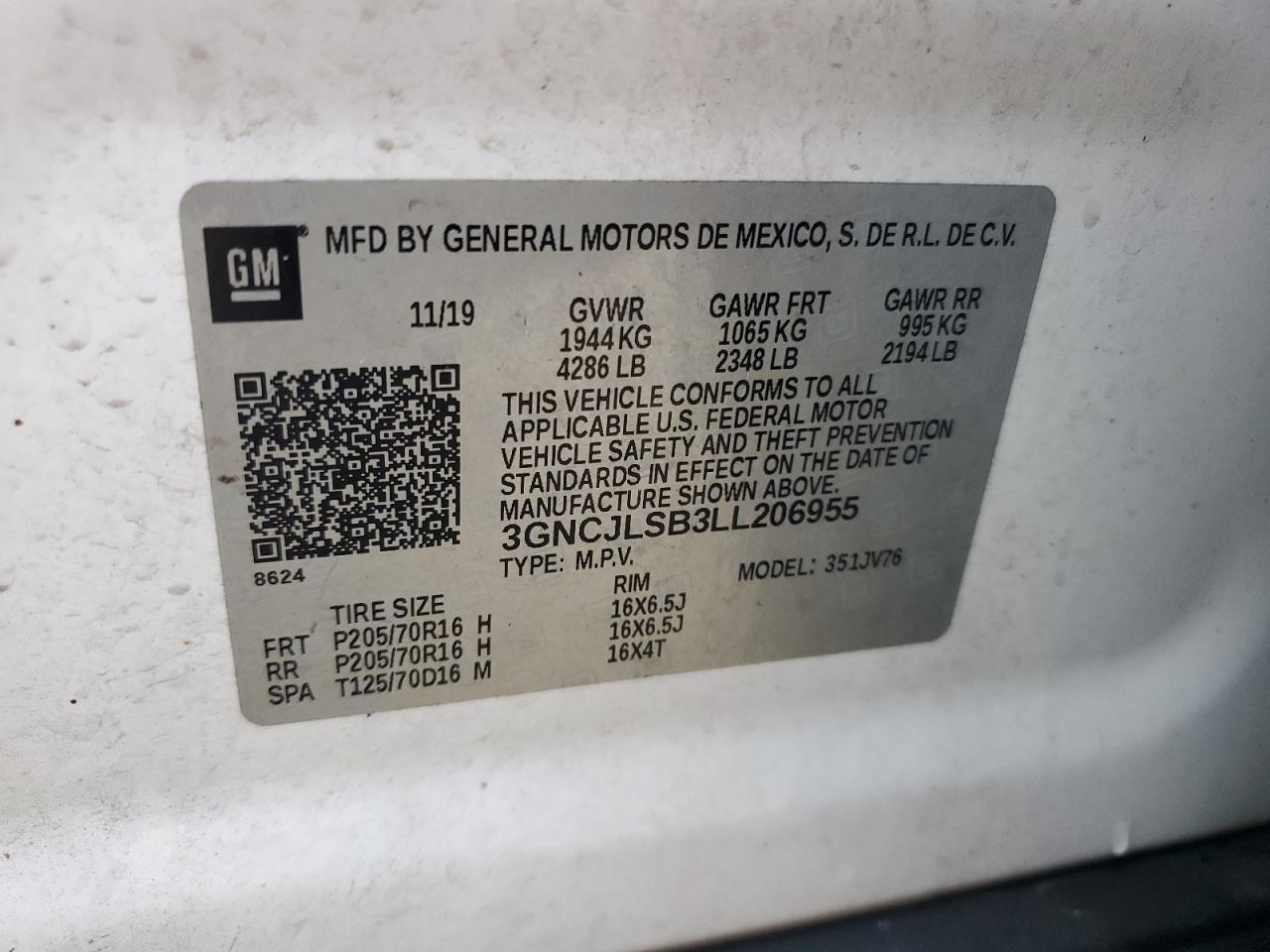 3GNCJLSB3LL206955 2020 Chevrolet Trax 1Lt