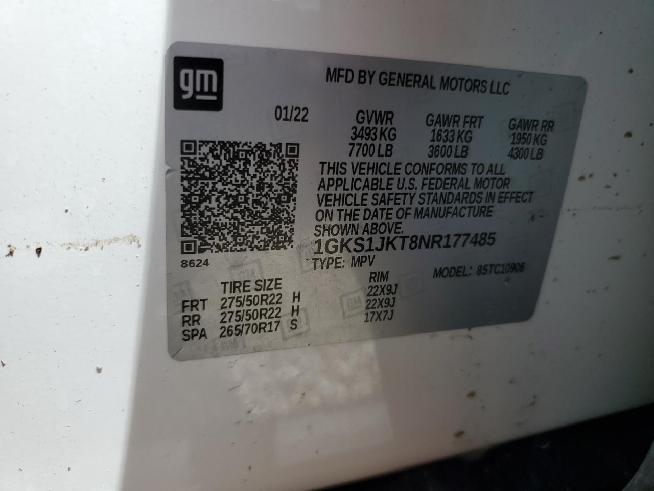 1GKS1JKT8NR177485 2022 GMC Yukon Xl Denali