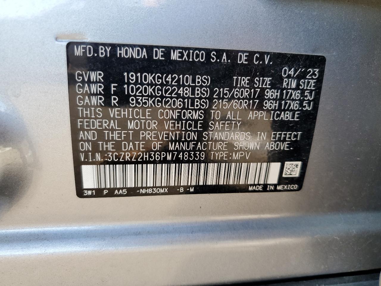 3CZRZ2H36PM748339 2023 Honda Hr-V Lx