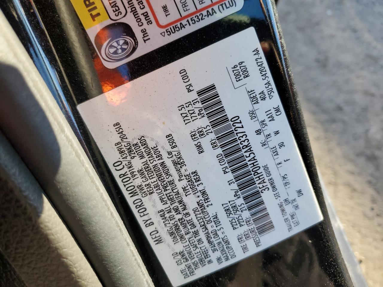 2010 Ford Fusion Se VIN: 3FAHP0HA5AR337220 Lot: 76667254