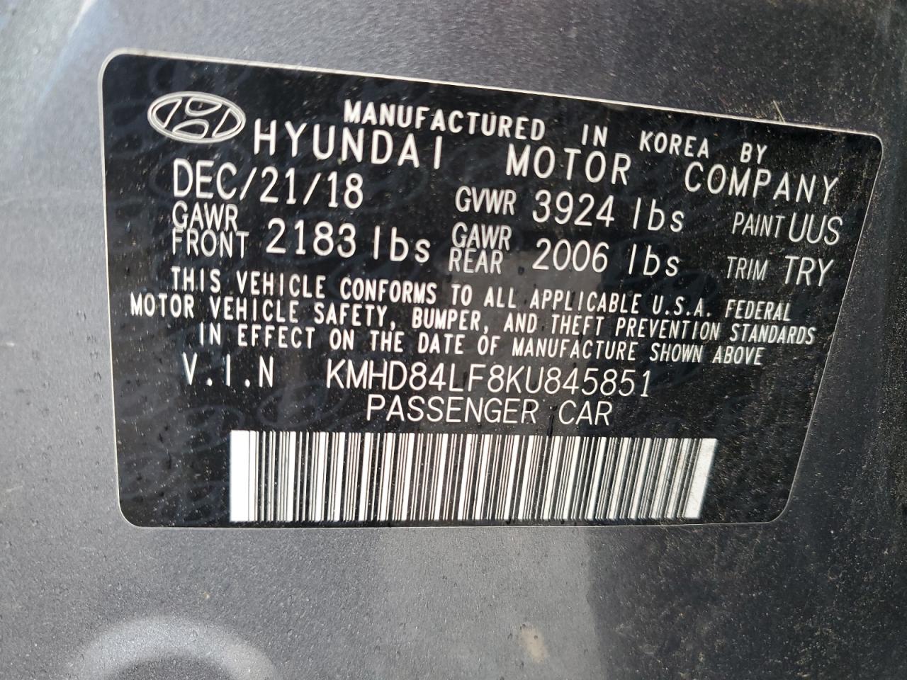 KMHD84LF8KU845851 2019 Hyundai Elantra Sel