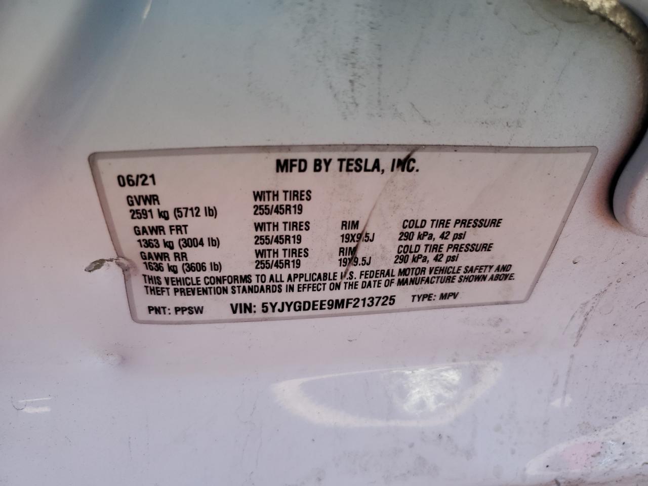 2021 Tesla Model Y VIN: 5YJYGDEE9MF213725 Lot: 73822084