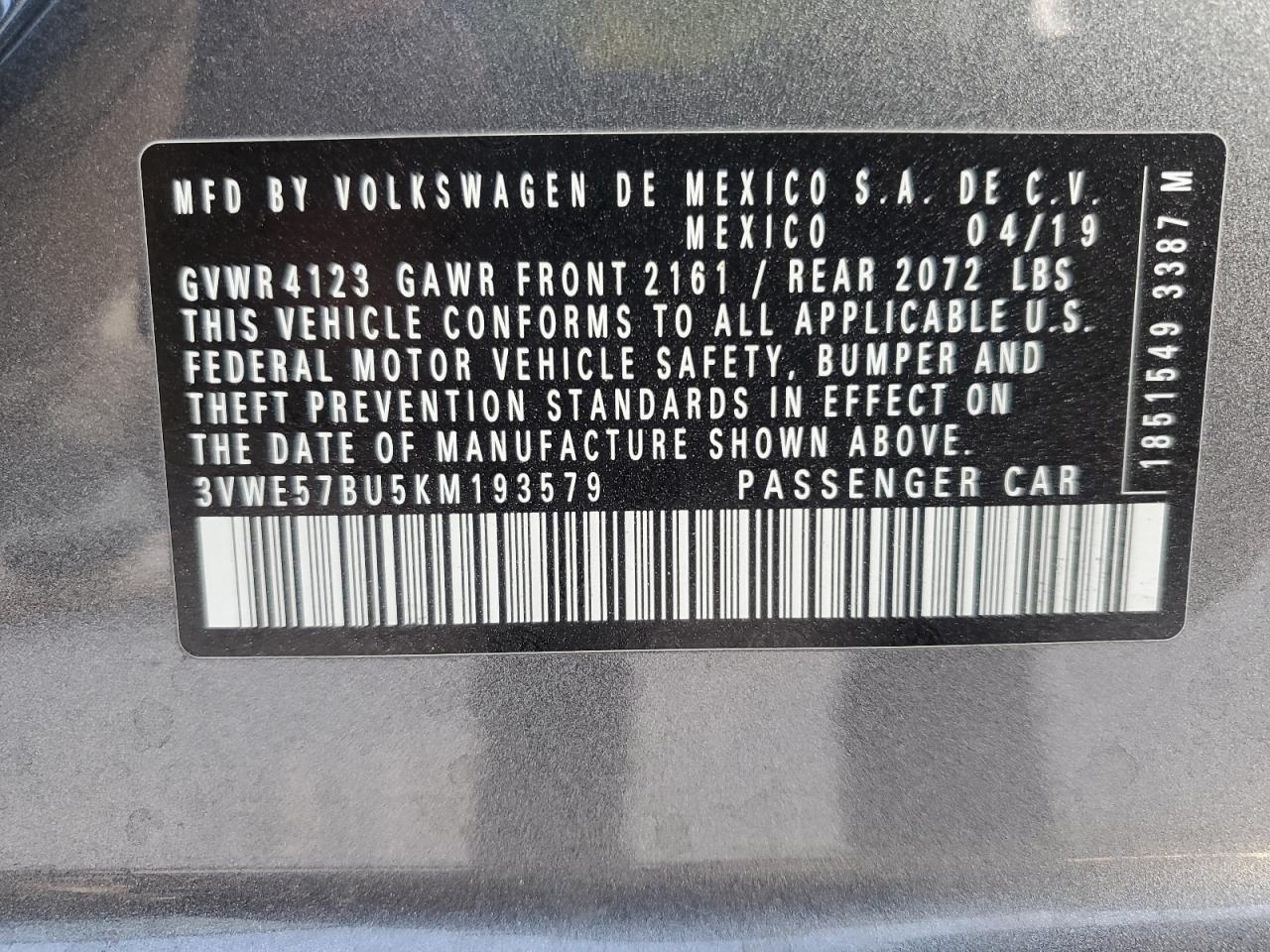 VIN 3VWE57BU5KM193579 2019 VOLKSWAGEN JETTA no.12