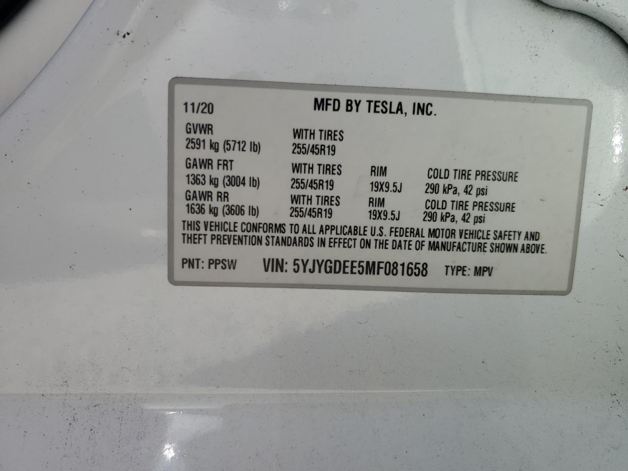 2021 Tesla Model Y VIN: 5YJYGDEE5MF081658 Lot: 73634624