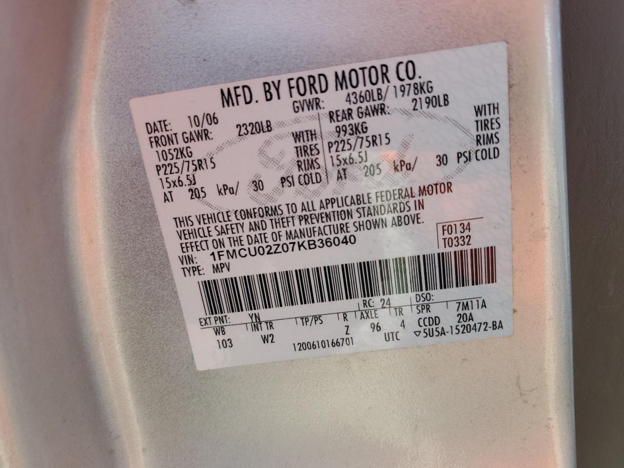 2007 Ford Escape Xls VIN: 1FMCU02Z07KB36040 Lot: 74043354