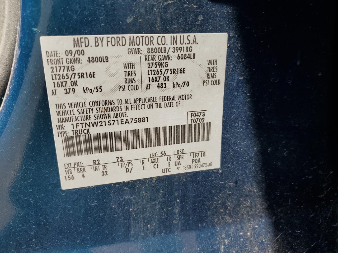 2001 Ford F250 Super Duty VIN: 1FTNW21S71EA75881 Lot: 53831965
