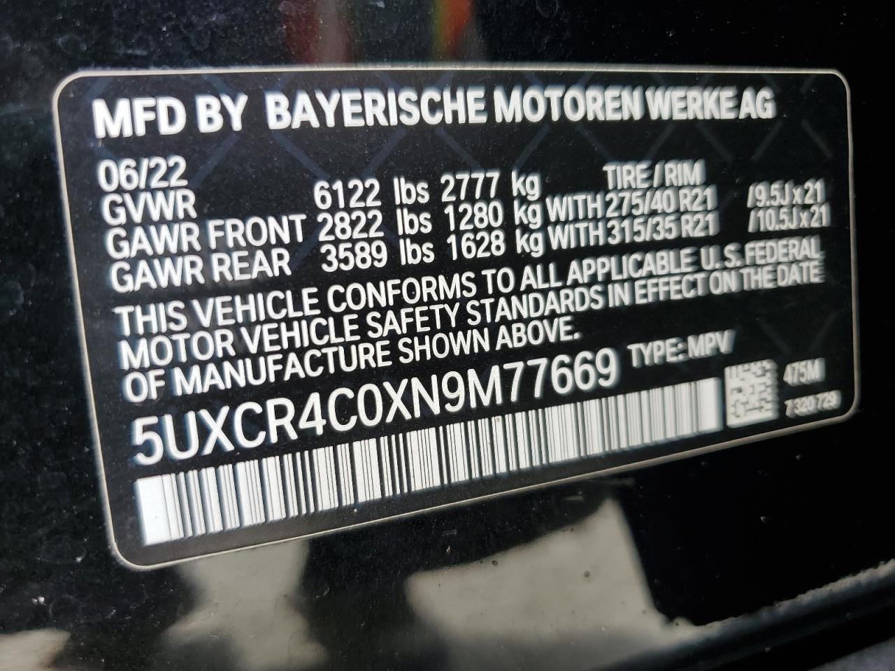 2022 BMW X5 Sdrive 40I VIN: 5UXCR4C0XN9M77669 Lot: 76664034