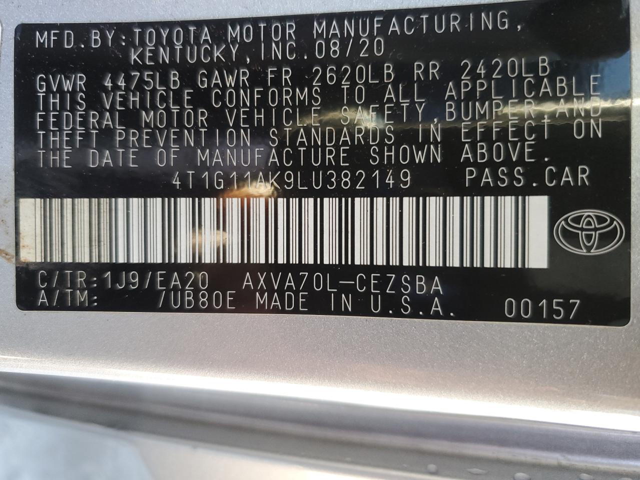 4T1G11AK9LU382149 2020 Toyota Camry Se