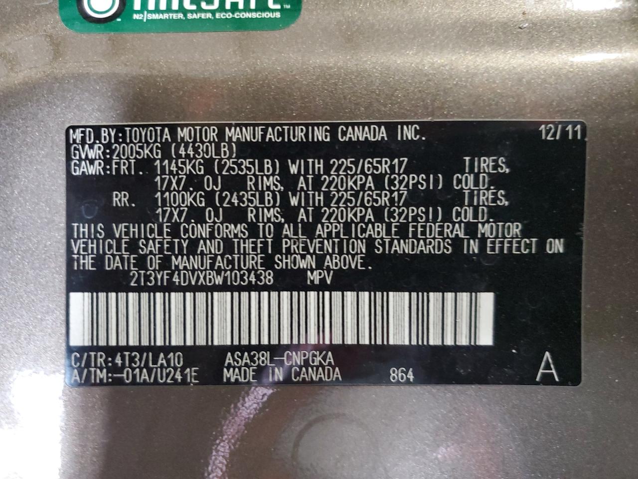 2011 Toyota Rav4 Limited VIN: 2T3YF4DVXBW103438 Lot: 87441675