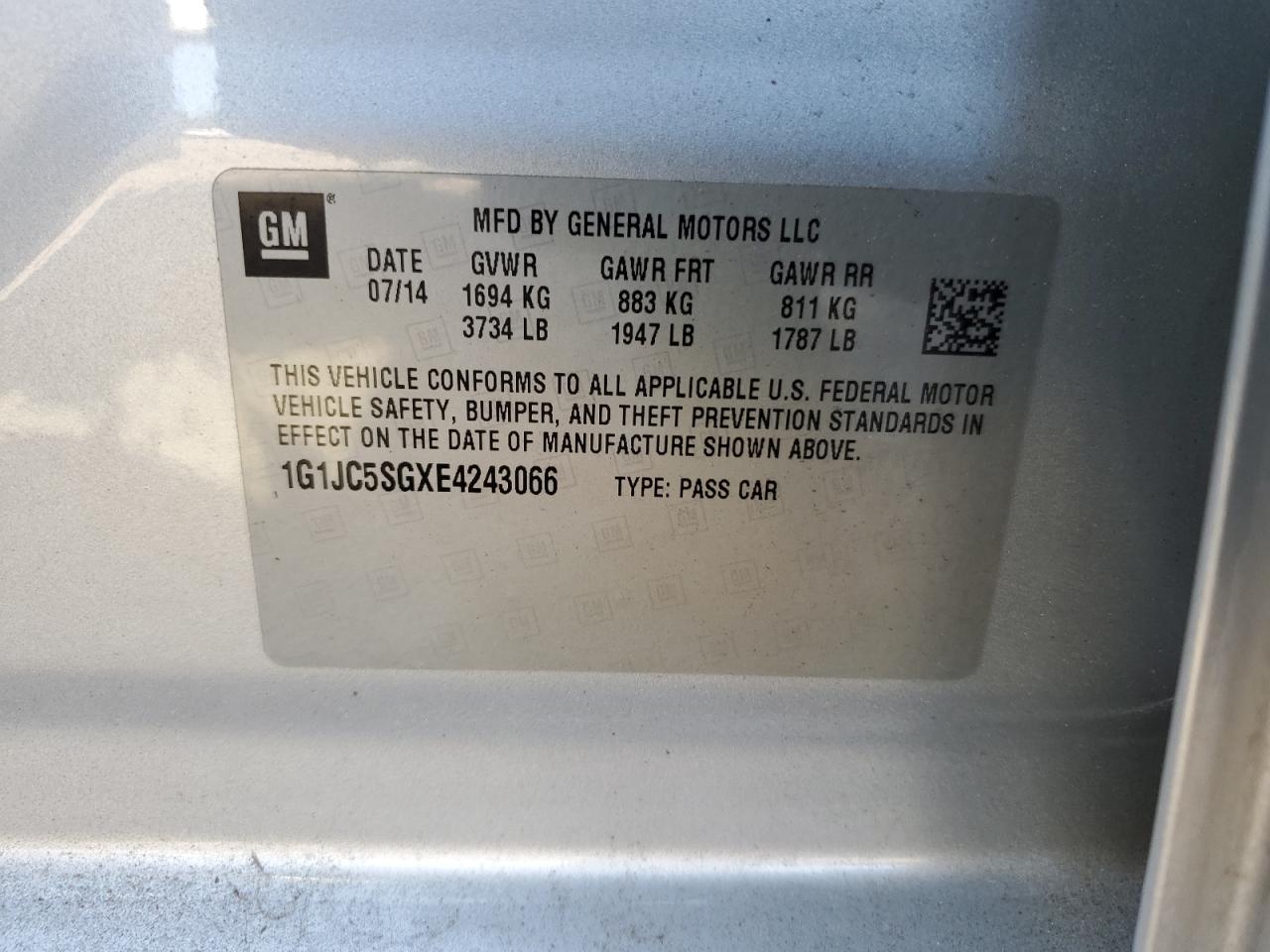 2014 Chevrolet Sonic Lt VIN: 1G1JC5SGXE4243066 Lot: 75814264