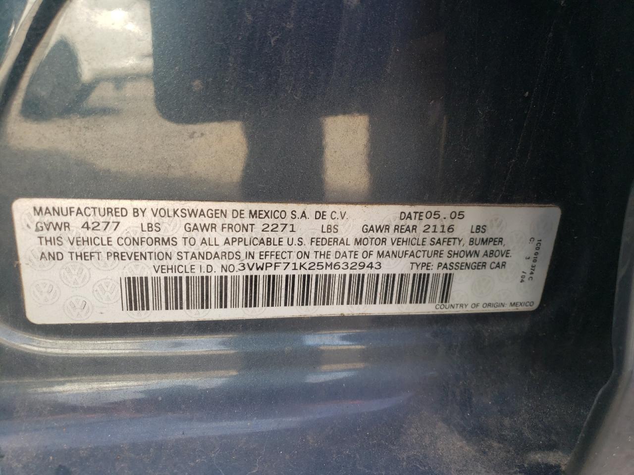 2005 Volkswagen New Jetta Value VIN: 3VWPF71K25M632943 Lot: 75213024