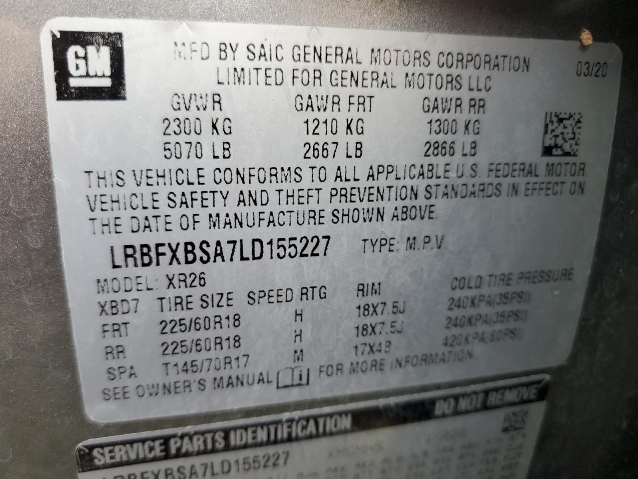 LRBFXBSA7LD155227 2020 Buick Envision Preferred