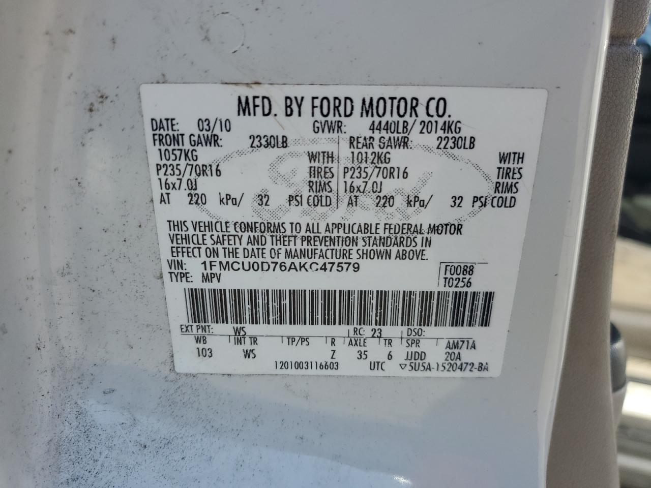 2010 Ford Escape Xlt VIN: 1FMCU0D76AKC47579 Lot: 74951574