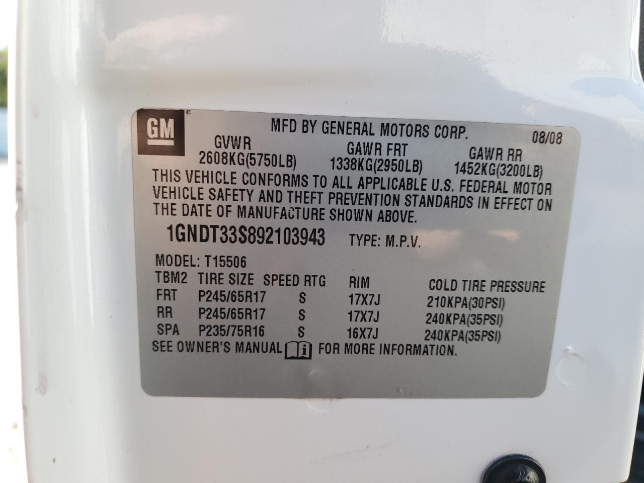 2009 Chevrolet Trailblazer Lt VIN: 1GNDT33S892103943 Lot: 74964984