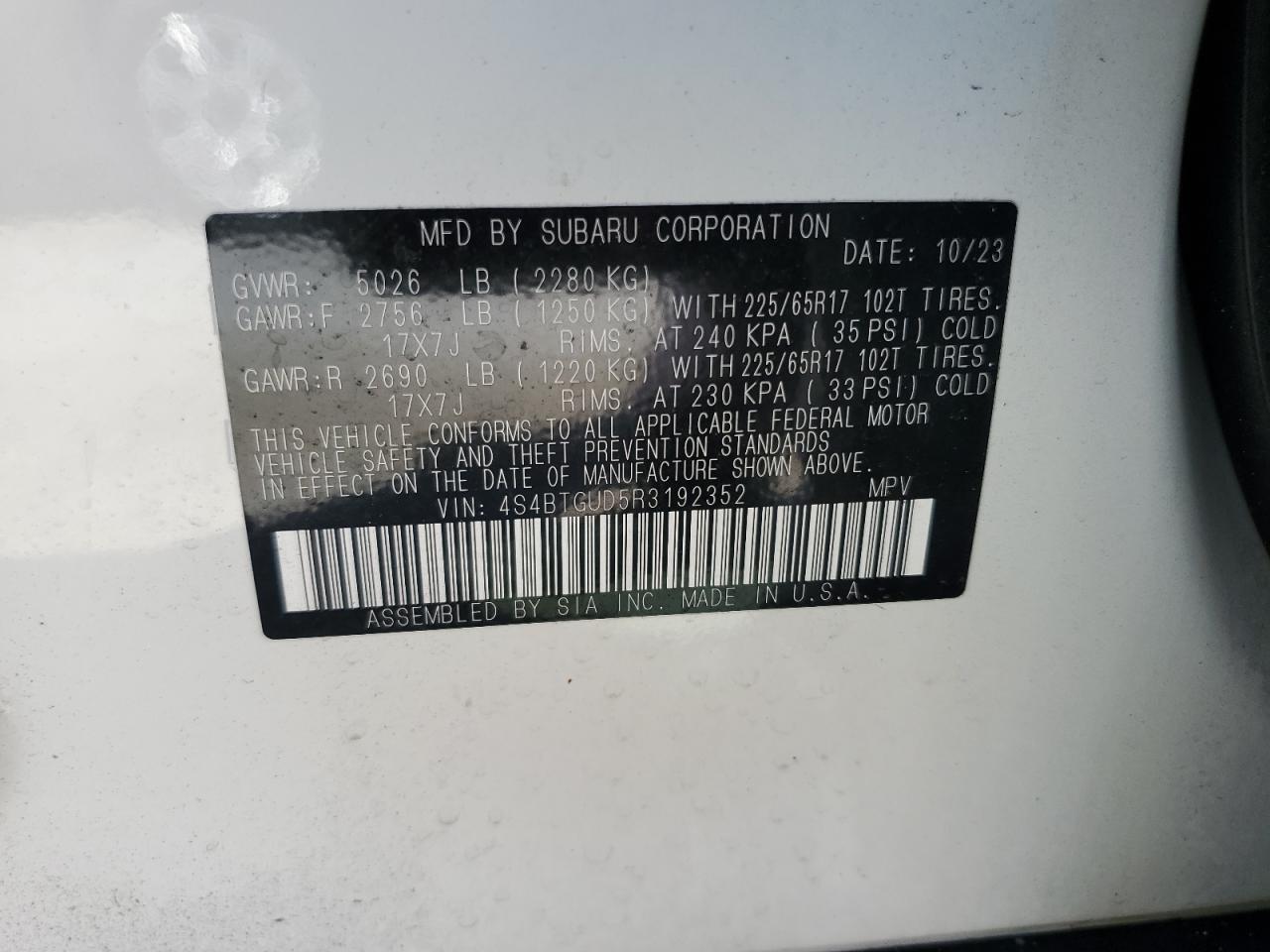 VIN 4S4BTGUD5R3192352 2024 SUBARU OUTBACK WI no.14