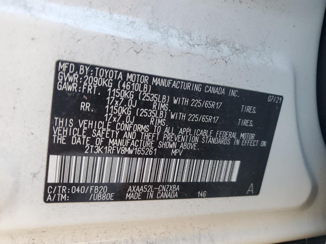 2T3K1RFV8MW165261 2021 Toyota Rav4 Le