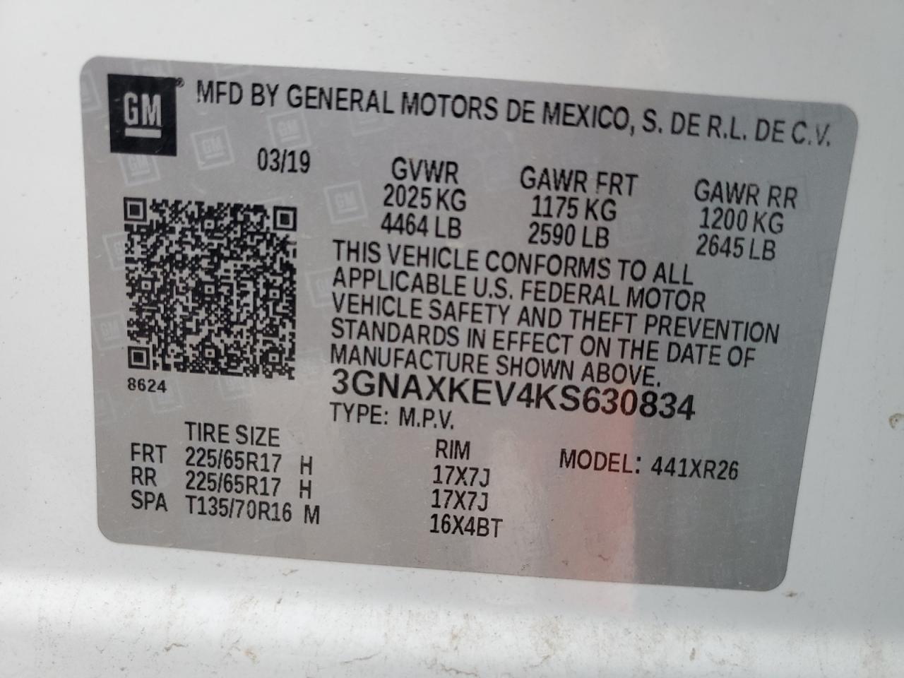 2019 Chevrolet Equinox Lt VIN: 3GNAXKEV4KS630834 Lot: 77699364