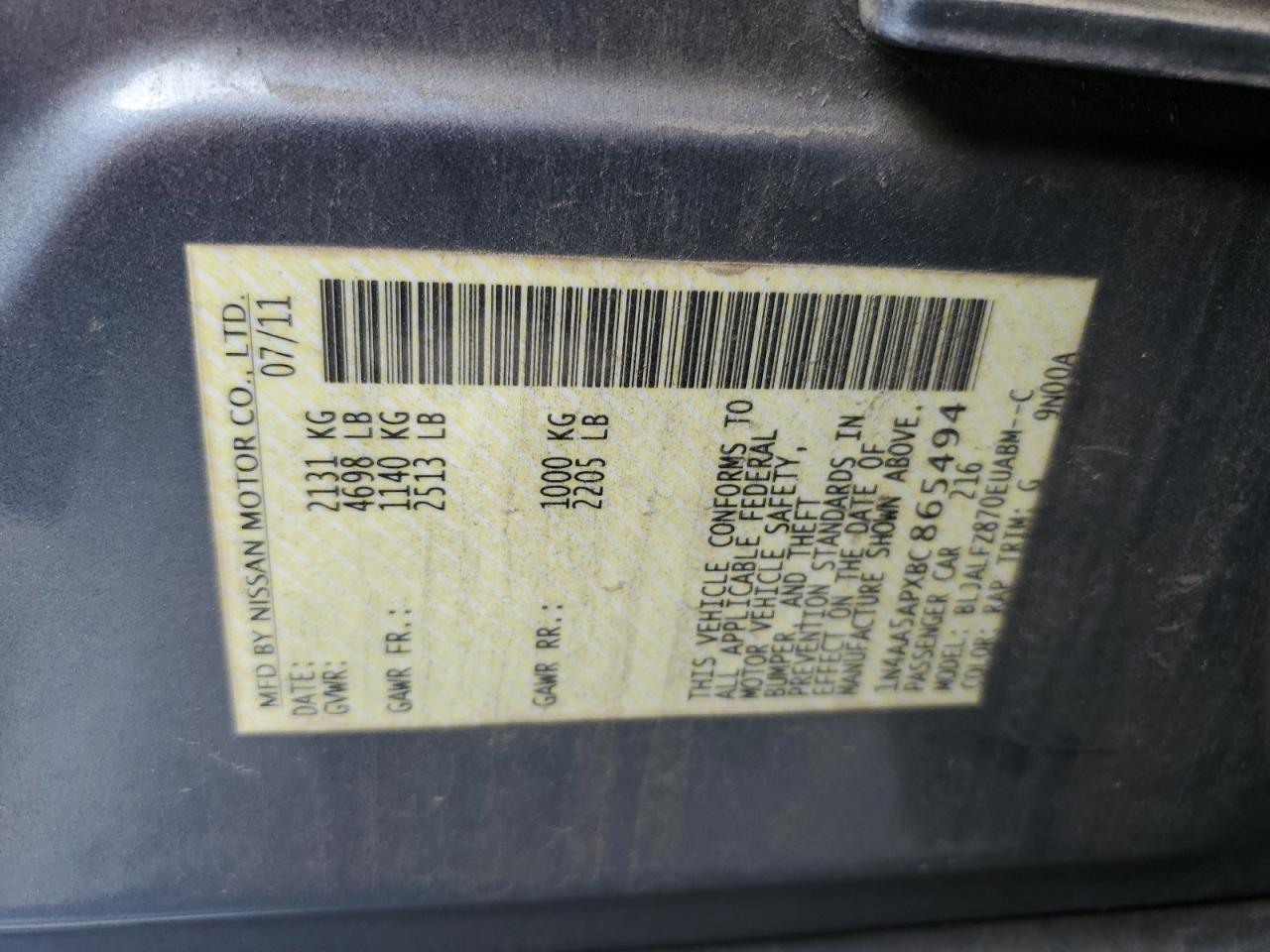 1N4AA5APXBC865494 2011 Nissan Maxima S