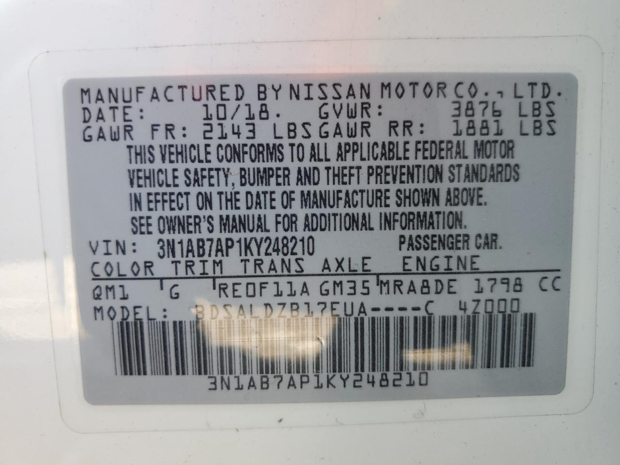 3N1AB7AP1KY248210 2019 Nissan Sentra S