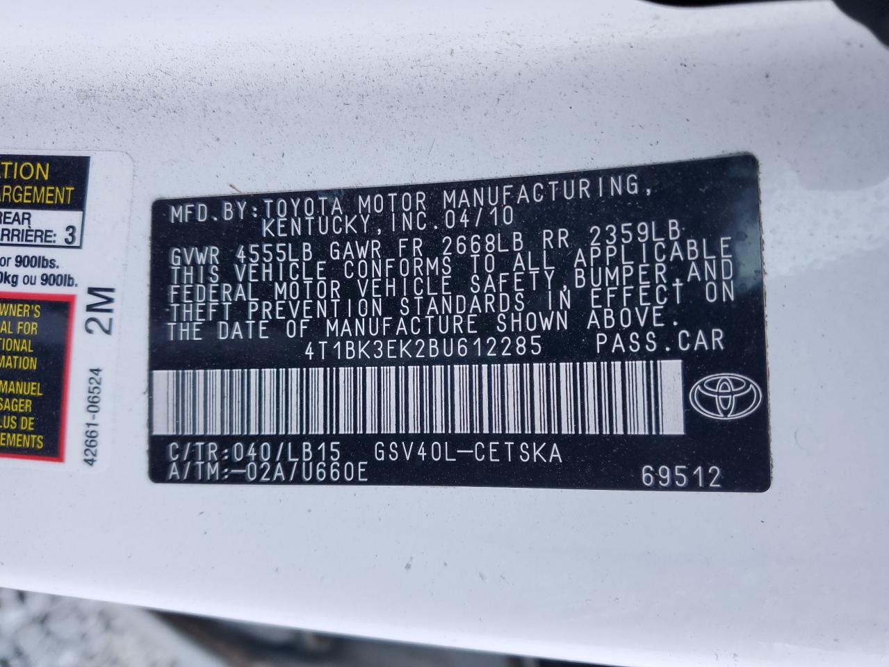 4T1BK3EK2BU612285 2011 Toyota Camry Se